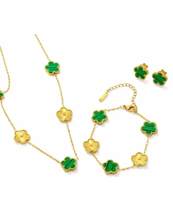 Set bijuterii femei,  colier, brățară și cercei auriu, otel inoxidabil, cu trifoi verde, 40x15cm