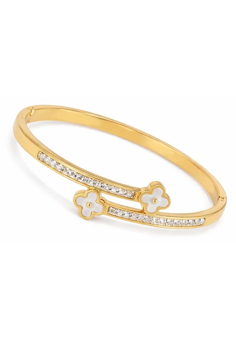 Bratara bangle,  inox suflat cu aur 18k, cu zirconii si trifoi, auriu, 6x6cm