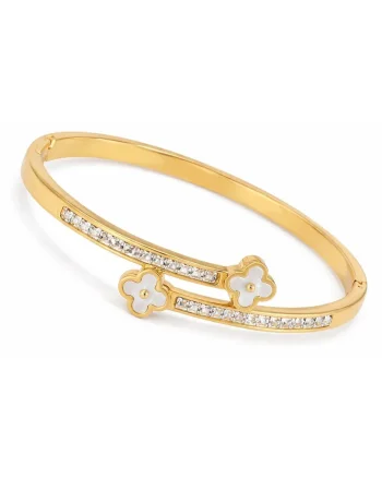 Bratara bangle,  inox suflat cu aur 18k, cu zirconii si trifoi, auriu, 6x6cm