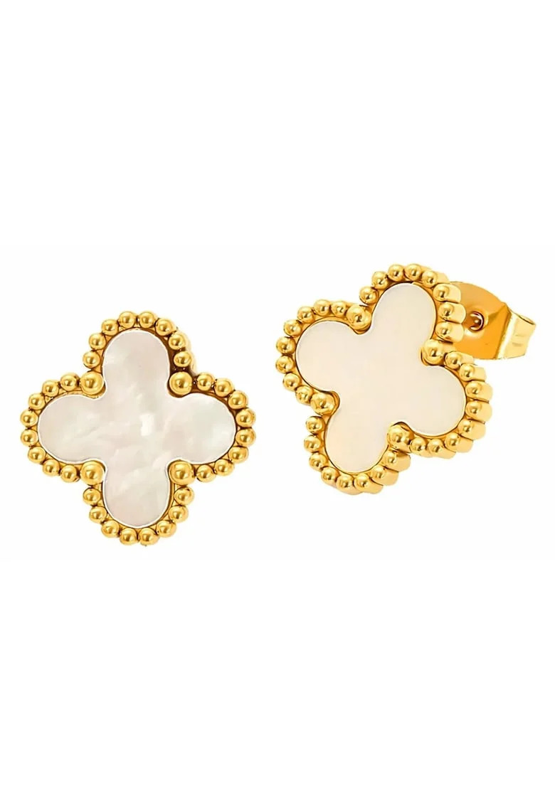 Cercei aurii,  forma trifoi, otel inoxidabil suflat cu aur 18k, 1.8cm