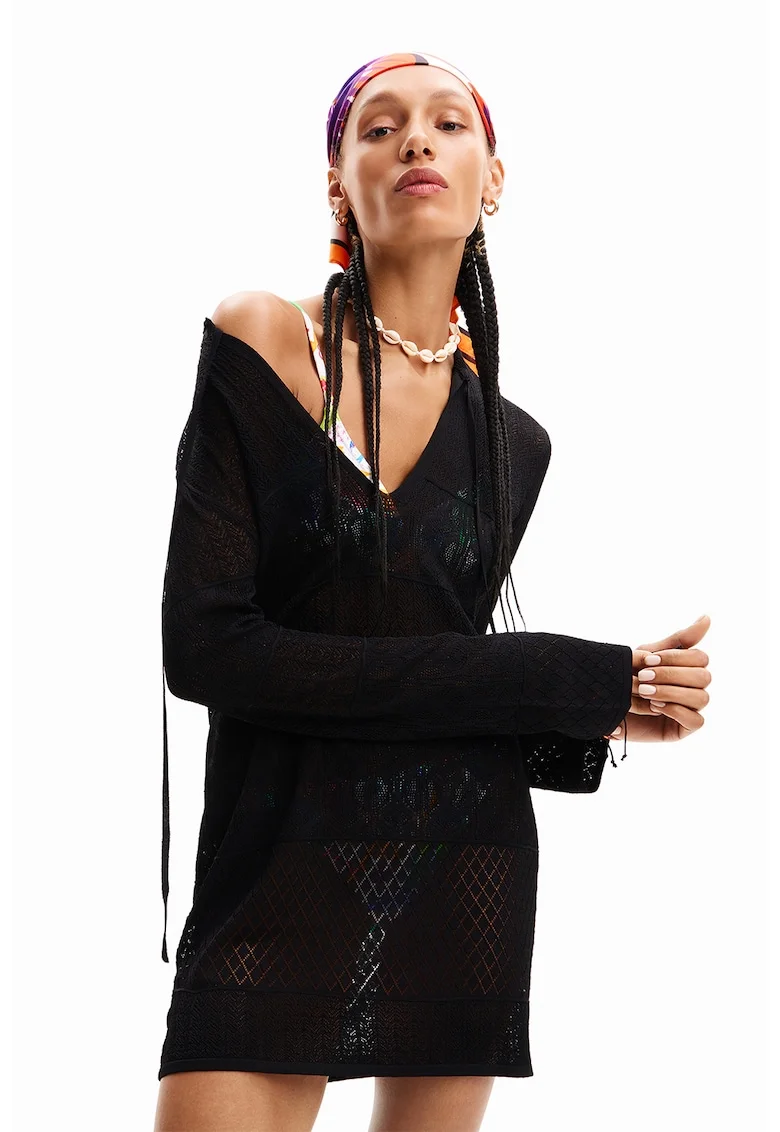 Rochie de plaja cu aspect pointelle El Cairo, Negru