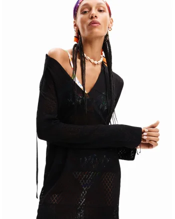 Rochie de plaja cu aspect pointelle El Cairo, Negru