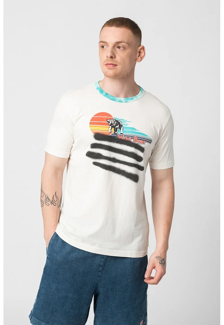 Tricou cu decolteu la baza gatului si imprimeu grafic Just, Rosu/Alb/Negru