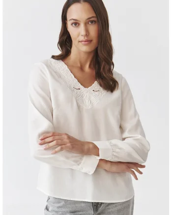 Bluza din lyocell cu dantela sangallo, Alb murdar