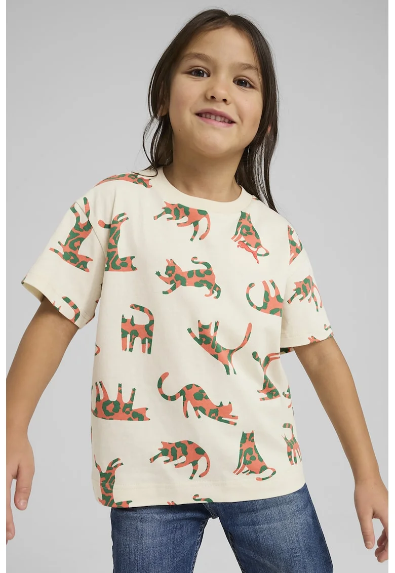 Tricou cu imprimeu cu pisici, Portocaliu/Crem