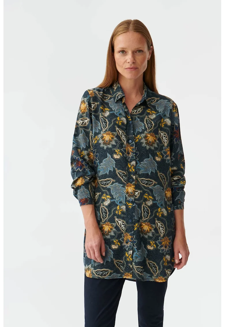 Camasa lunga cu imprimeu floral, Visiniu/Galben/Albastru