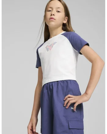 Tricou crop cu model grafic, Alb/Albastru prafuit