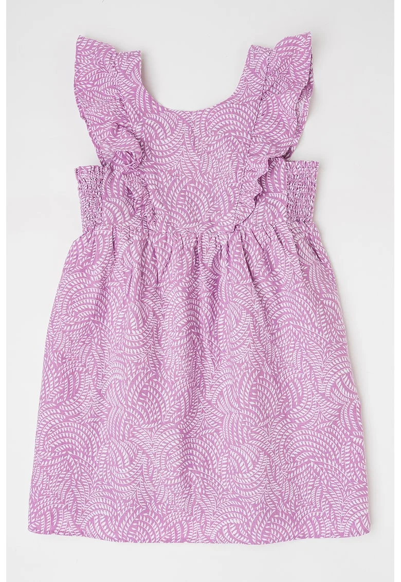 Rochie din amestec de in cu model si volane, Alb/Lila pal