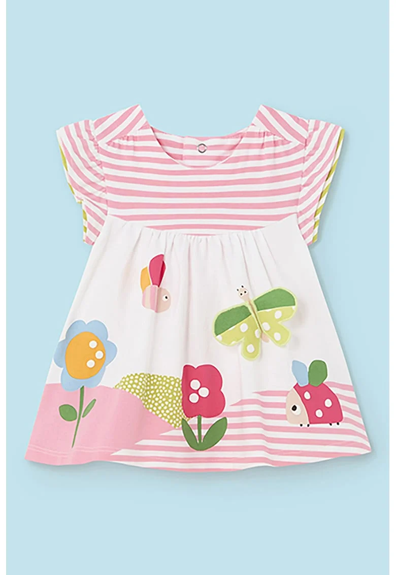 Rochie in dungi cu detalii brodate, Alb/Verde/Roz