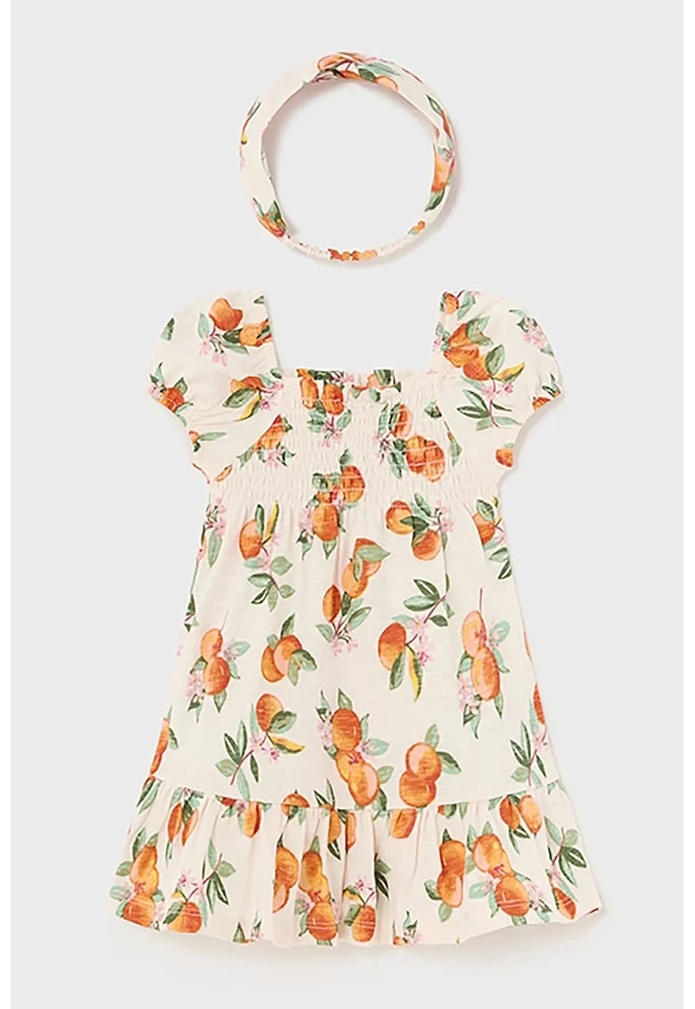 Set de rochie cu imprimeu si bentita, Alb fildes/Portocaliu/Verde feriga