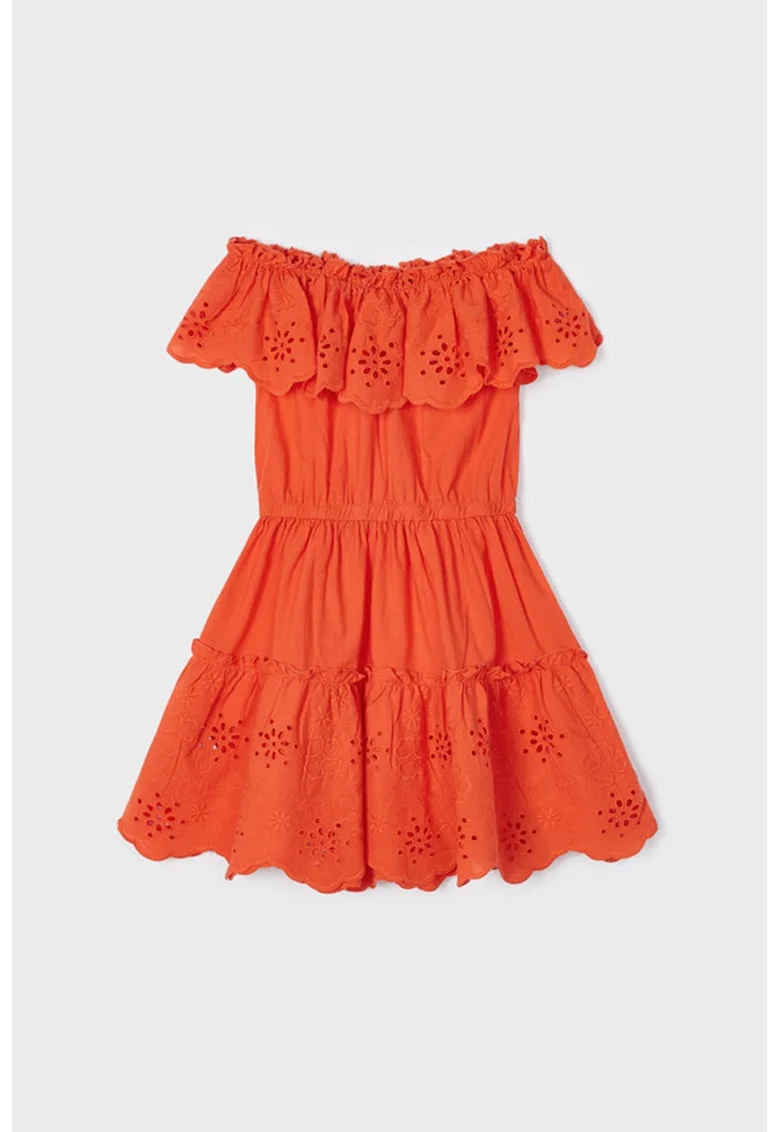 Rochie evazata cu insertii de broderie anglaise, Portocaliu mandarina