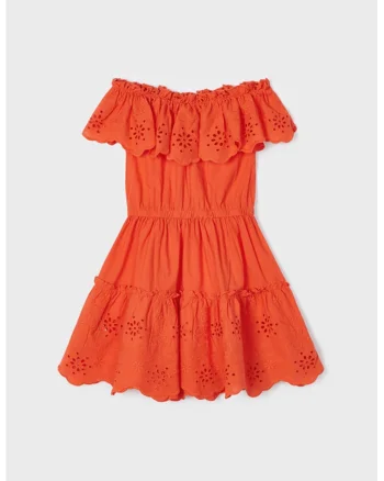 Rochie evazata cu insertii de broderie anglaise, Portocaliu mandarina