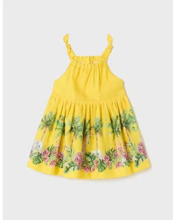 Rochie evazata din amestec de in cu model tropical, Galben sofran