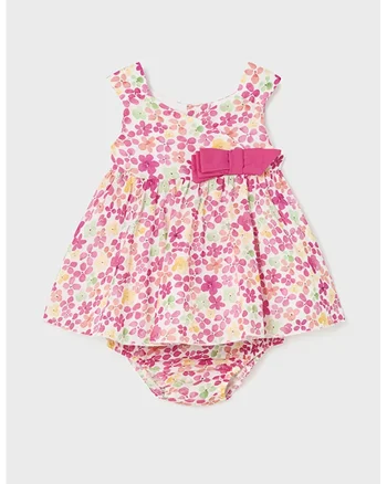 Rochie cu model floral si funda, Galben/Roz