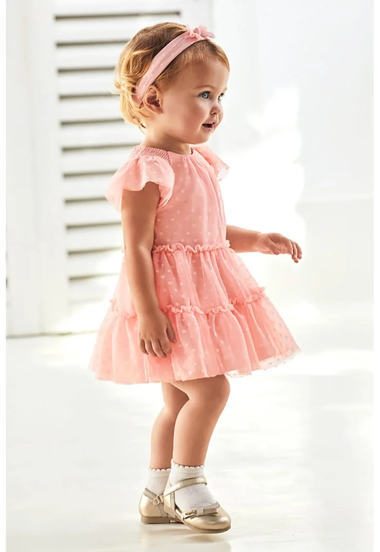Set de rochie evazata si bentita - 2 piese, Roz somon