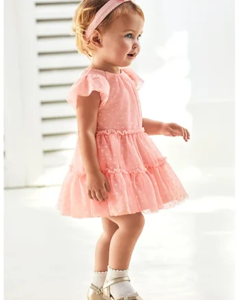 Set de rochie evazata si bentita - 2 piese, Roz somon