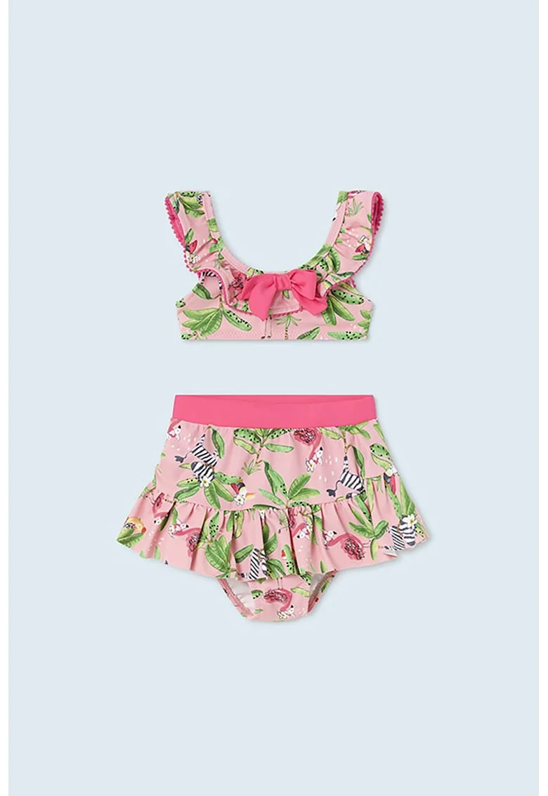 Costum de baie cu doua piese si imprimeu tropical, Roz pastel