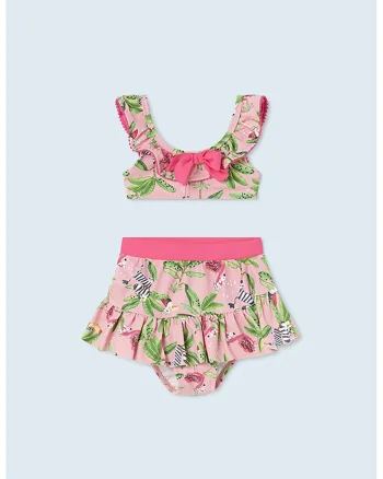 Costum de baie cu doua piese si imprimeu tropical, Roz pastel