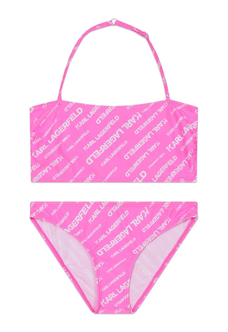 Costum de baie in doua piese cu imprimeu logo, Alb/Roz