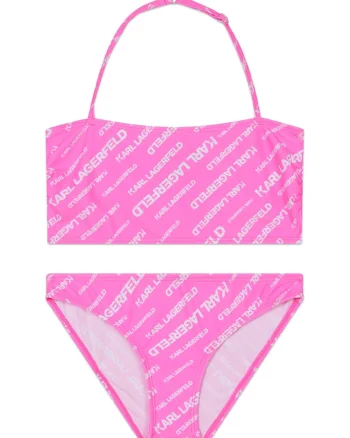 Costum de baie in doua piese cu imprimeu logo, Alb/Roz