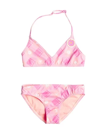 Costum de bai in doua piese, cu imprimeu Flower Plaid, Roz deschis
