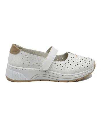 Pantofi dama confortabili  albi cu perforatii si bareta RIKN6553-80, Alb