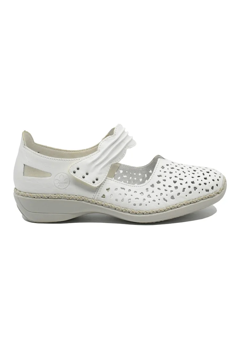 Pantofi perforati cu bareta  albi din piele naturala RIK41399-80, Alb