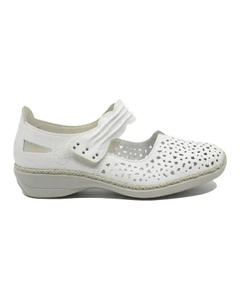 Pantofi perforati cu bareta  albi din piele naturala RIK41399-80, Alb