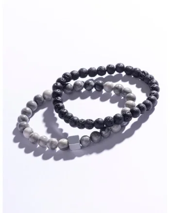 Set de bratari din margele - 2 piese, Negru/Gri/Argintiu