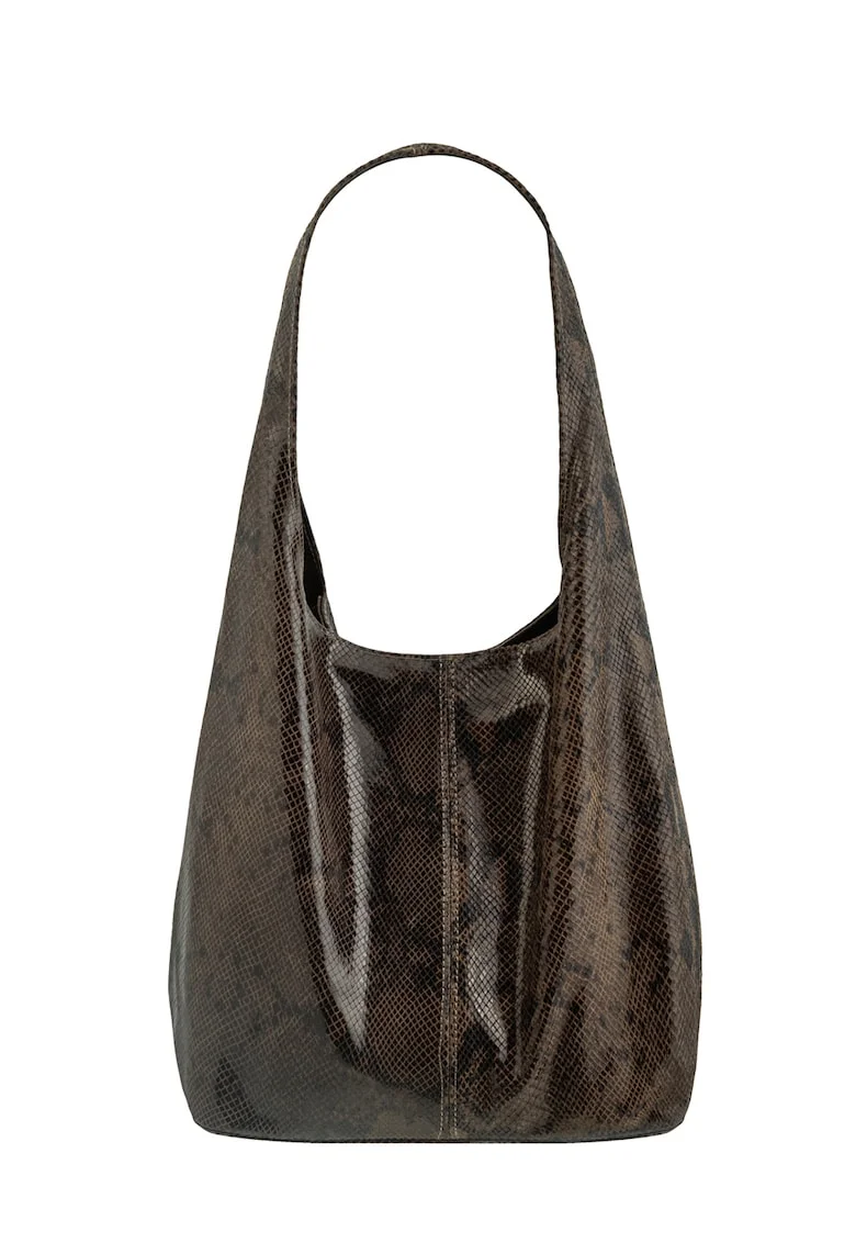 Geanta hobo din piele cu model piele de sarpe, Maro inchis