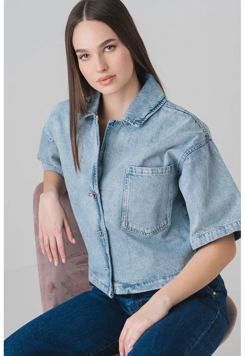 Camasa din denim cu maneci cazute, Albastru melange