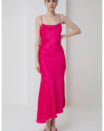 Rochie asimetrica de satin cu bretele subtiri, Fucsia