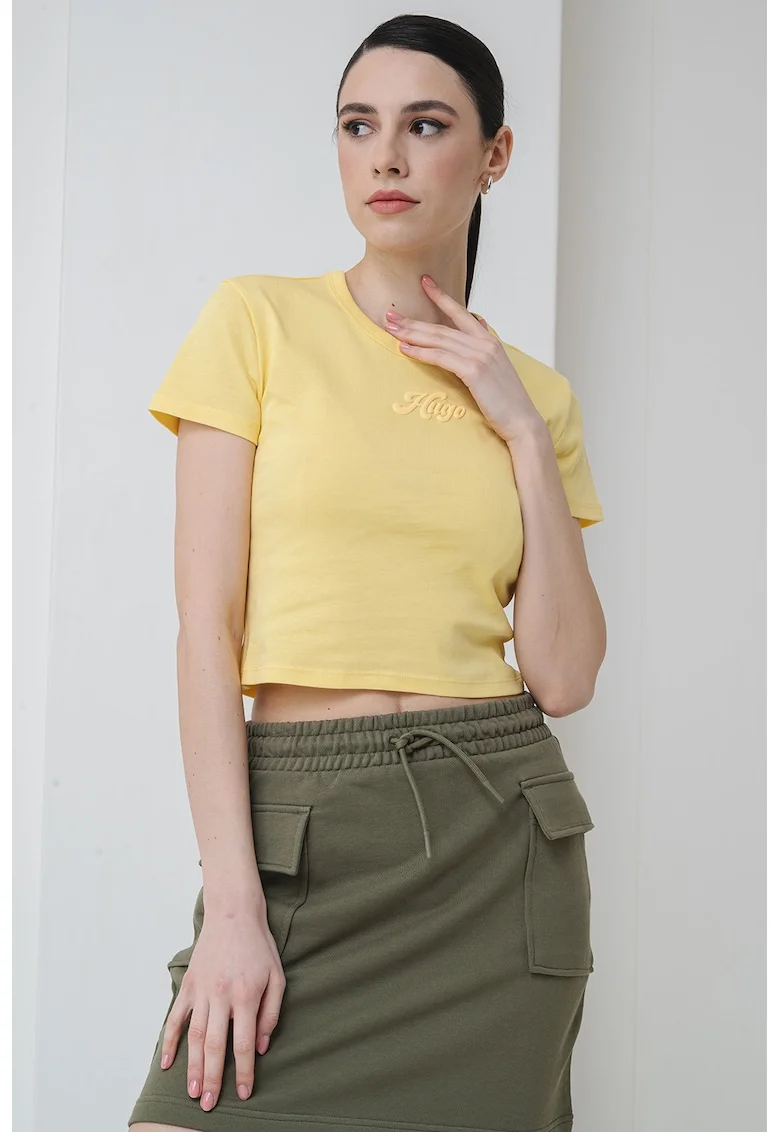 Tricou crop cu imprimeu logo, Galben deschis