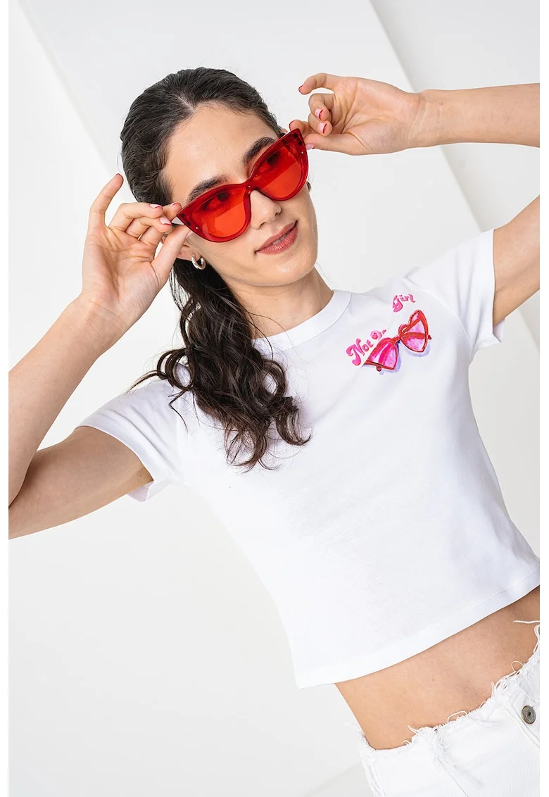 Tricou crop cu imprimeu logo, Alb optic