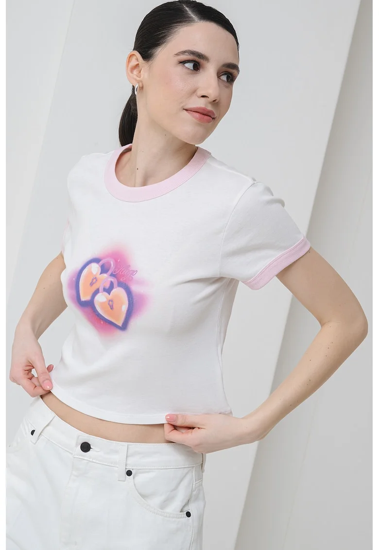 Tricou crop cu imprimeu cu inimi, Alb/Galben pal/Albastru