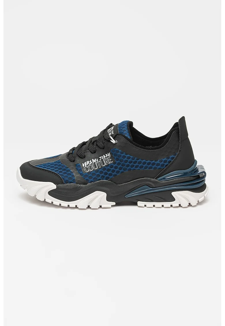 Pantofi sport din piele ecologica si material textil cu detaliu logo, Alb/Negru/Albastru inchis