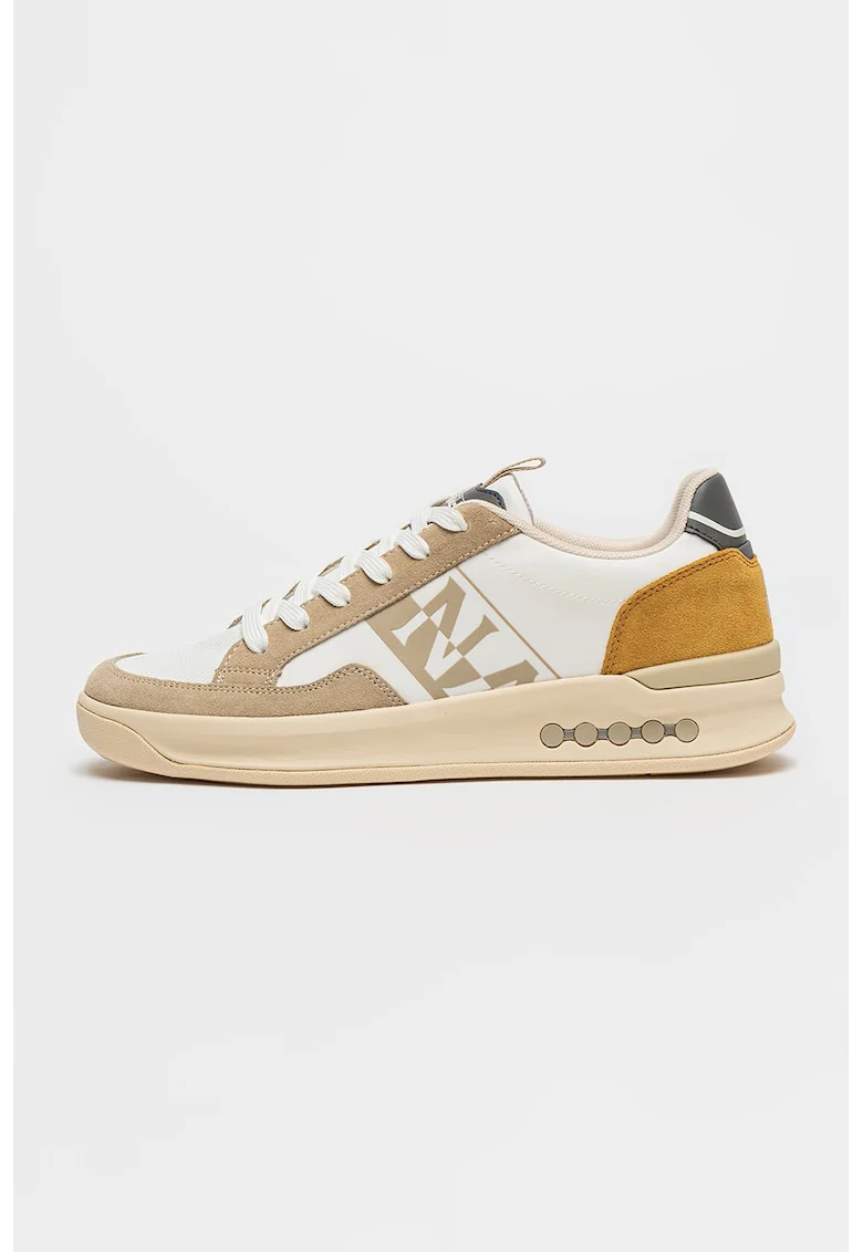 Pantofi sport din piele cu model si garnituri din material sintetic, Alb/Maro taupe/Galben mustar
