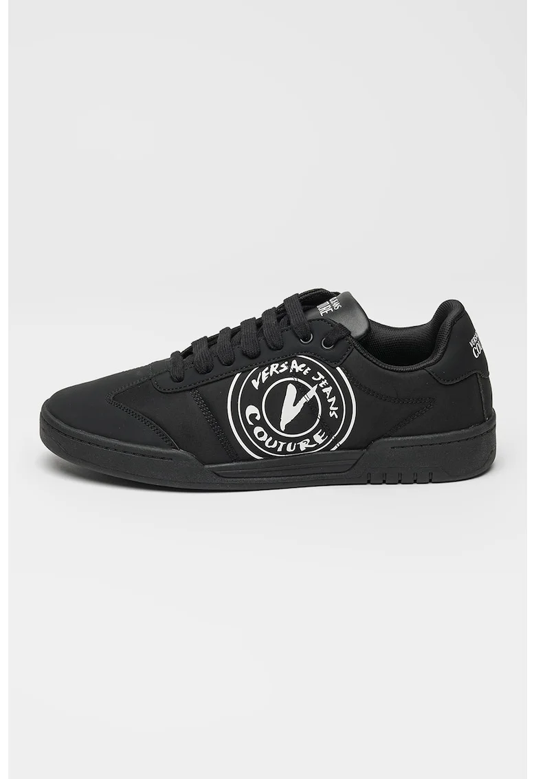 Pantofi sport din material sintetic si textil cu logo, Alb/Negru