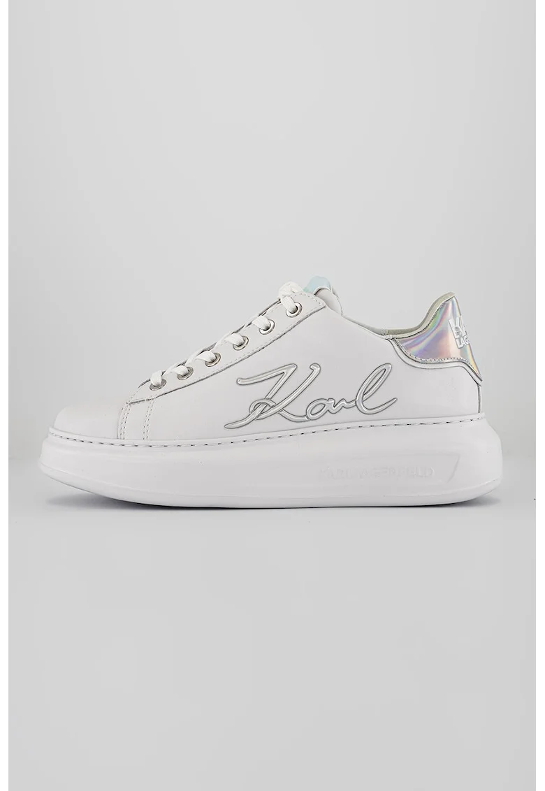 Pantofi sport din piele cu aplicatie logo metalica, Alb/Argintiu