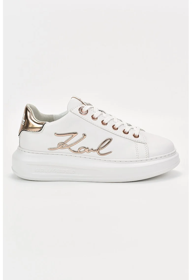 Pantofi sport din piele cu aplicatie logo metalica, Alb