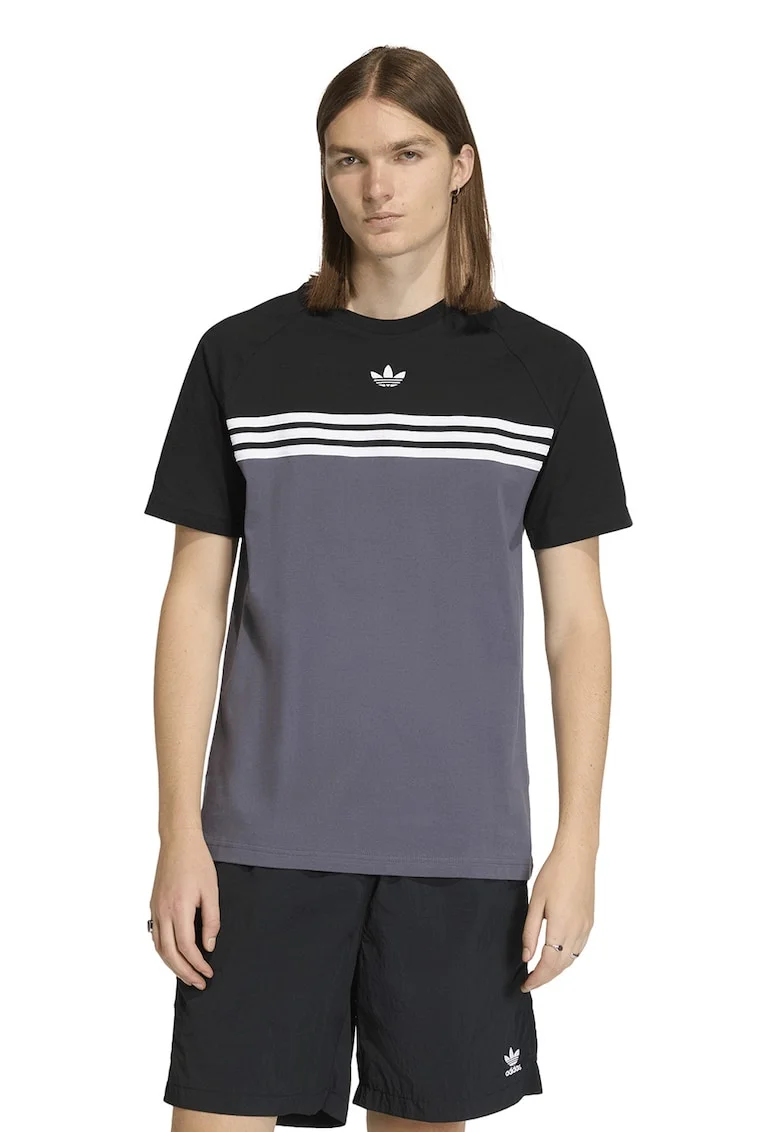 Tricou colorblock cu benzi contrastante, Alb/Negru/Gri inchis