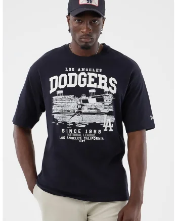 Tricou cu decolteu la baza gatului si design grafic Slub Stadium, Bleumarin