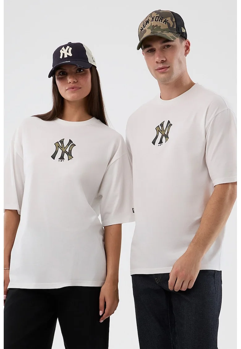 Tricou unisex de bumbac cu logo NY Yankees, Alb