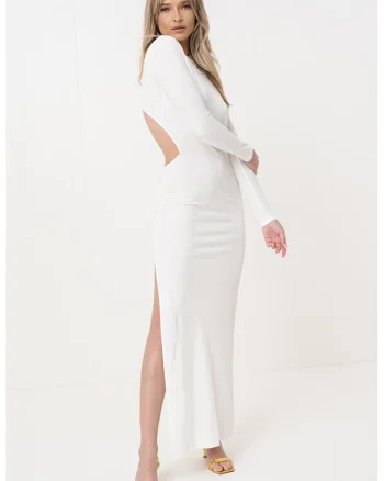 Rochie maxi cambrata cu slit lateral si decupaj pe spate, Alb murdar