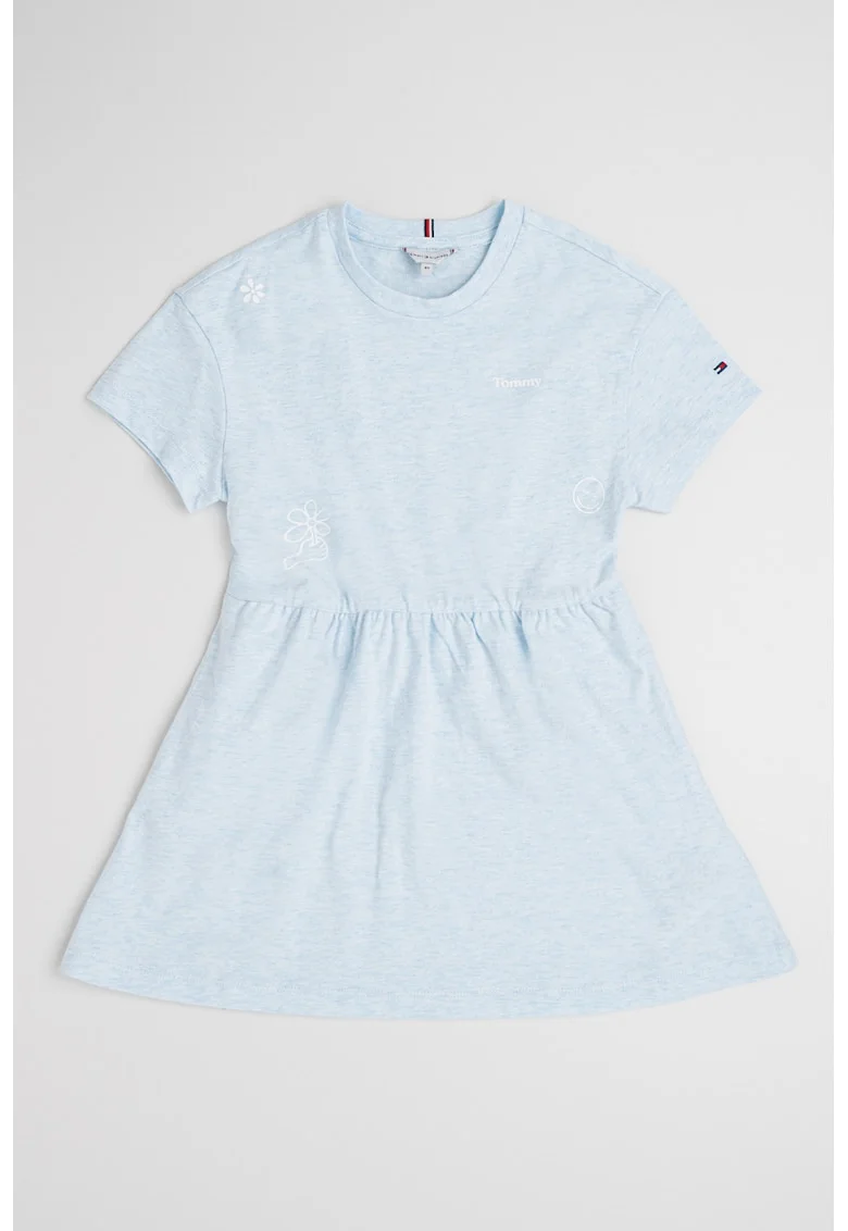 Rochie evazata de bumbac cu imprimeu text, Albastru glaciar