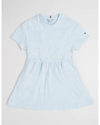Rochie evazata de bumbac cu imprimeu text, Albastru glaciar