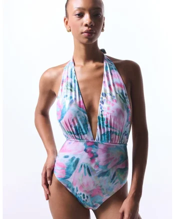 Costum de baie intreg cu design floral, Verde/Roz/Albastru