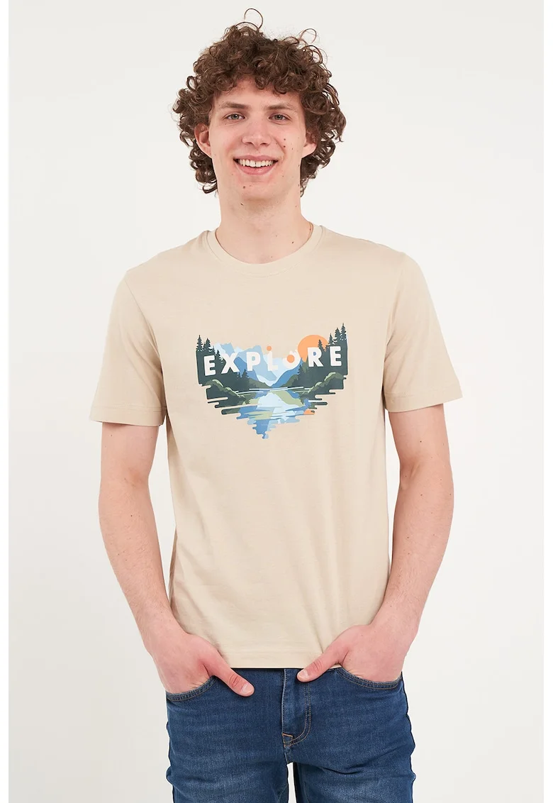 Tricou cu decolteu la baza gatului si model grafic, Verde inchis/Maro nisip
