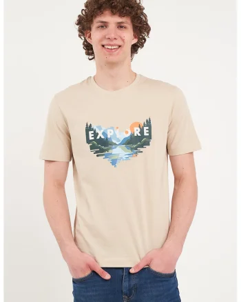 Tricou cu decolteu la baza gatului si model grafic, Verde inchis/Maro nisip