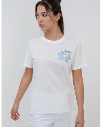 Tricou de bumbac cu decolteu la baza gatului, Alb optic